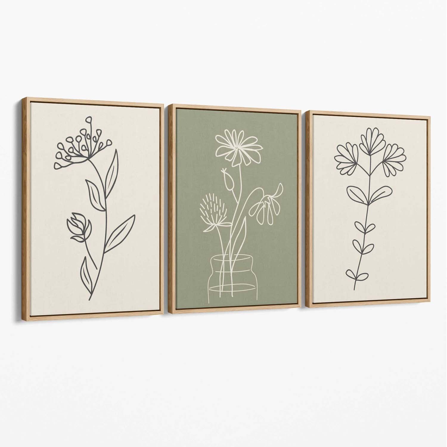 Set of 3 Green and Beige Minimal Floral Canvas Art Prints with Oak Float Frame