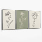 Set of 3 Green and Beige Minimal Floral Canvas Art Prints with Silver Float Frame