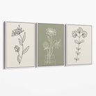 Set of 3 Green and Beige Minimal Floral Canvas Art Prints with White Float Frame