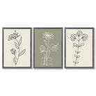 Set of 3 Green and Beige Minimal Floral Framed Art Prints with Dark Grey Wooden Frames