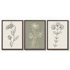 Set of 3 Green and Beige Minimal Floral Framed Art Prints with Dark Wood Frames