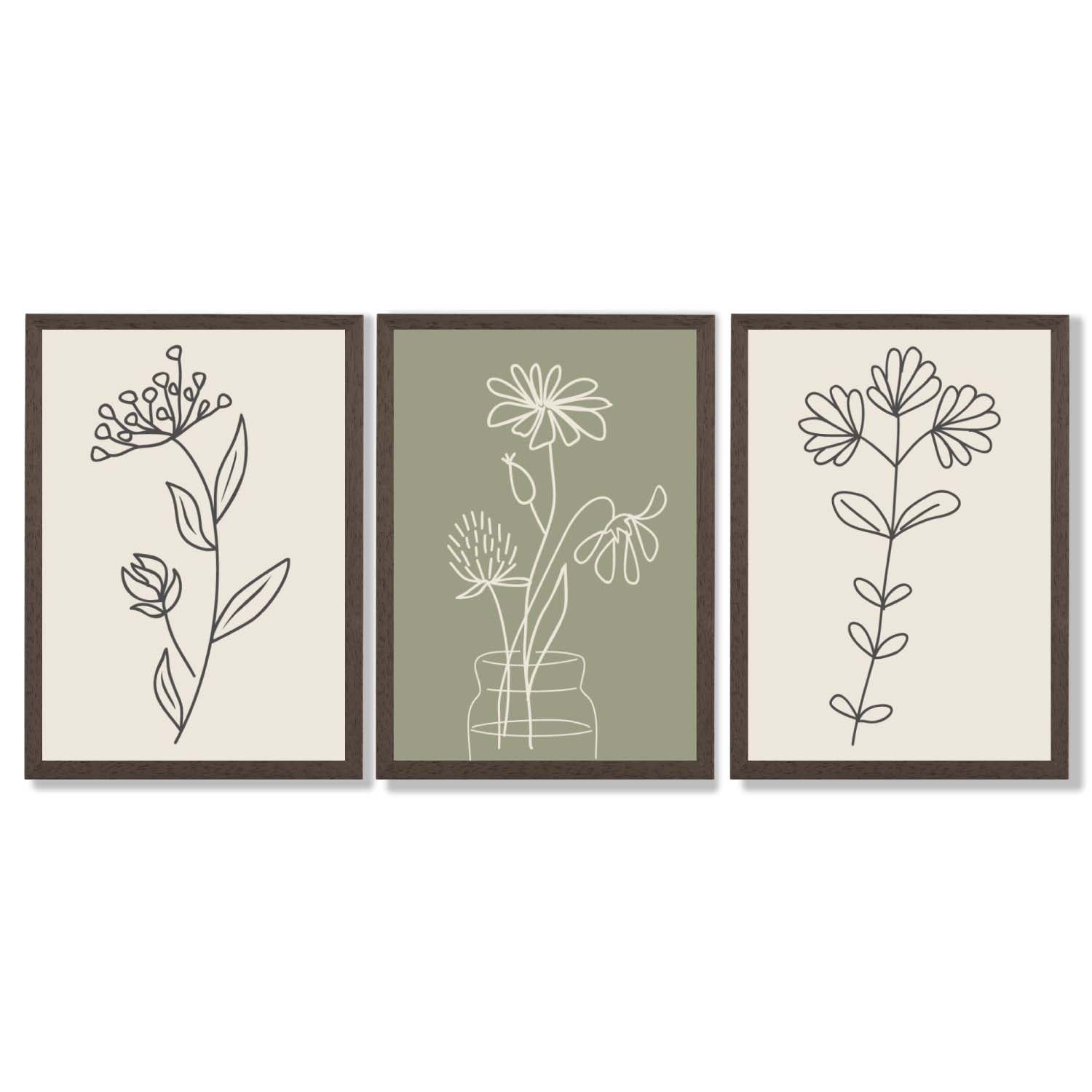 Set of 3 Green and Beige Minimal Floral Framed Art Prints with Dark Wood Frames