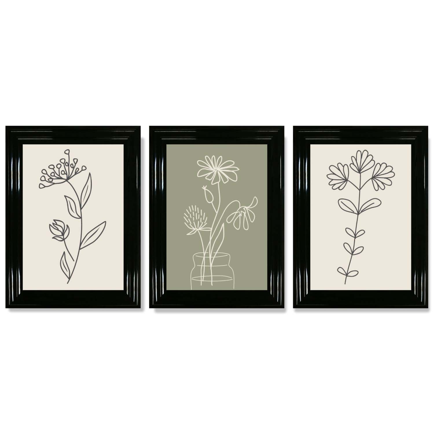 Set of 3 Green and Beige Minimal Floral Framed Art Prints with Glossy Black Frames