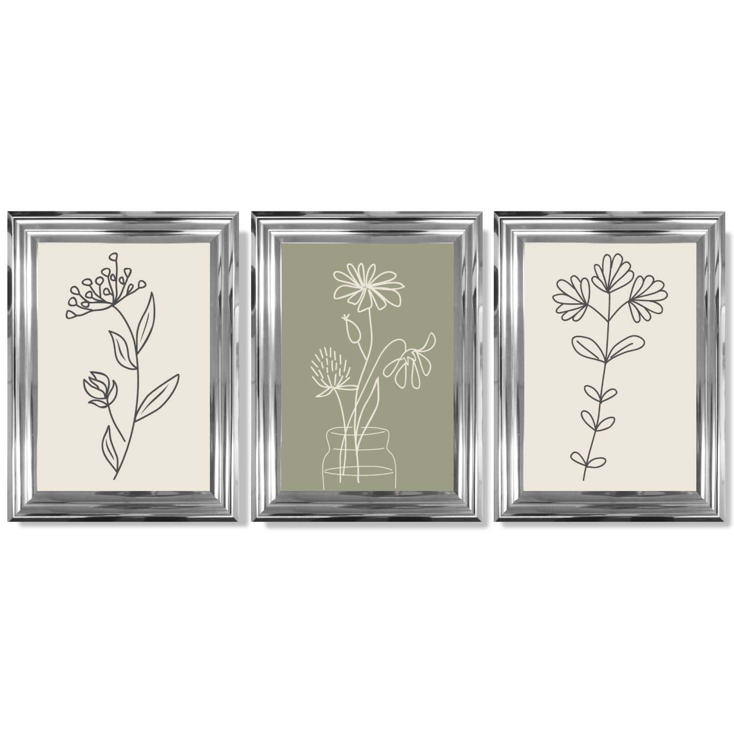 Set of 3 Green and Beige Minimal Floral Framed Art Prints with Glossy Chrome Frames