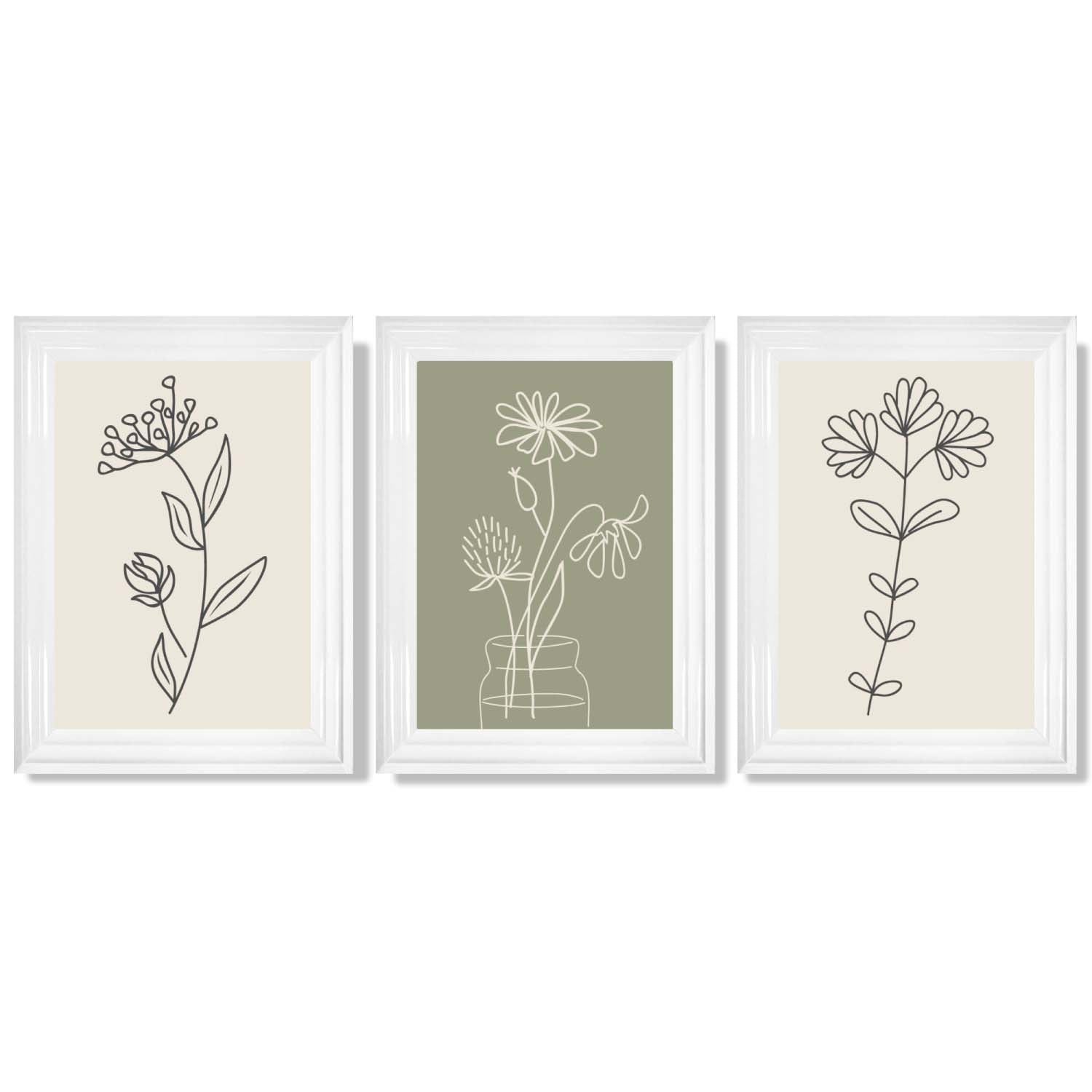 Set of 3 Green and Beige Minimal Floral Framed Art Prints with Glossy White Frames