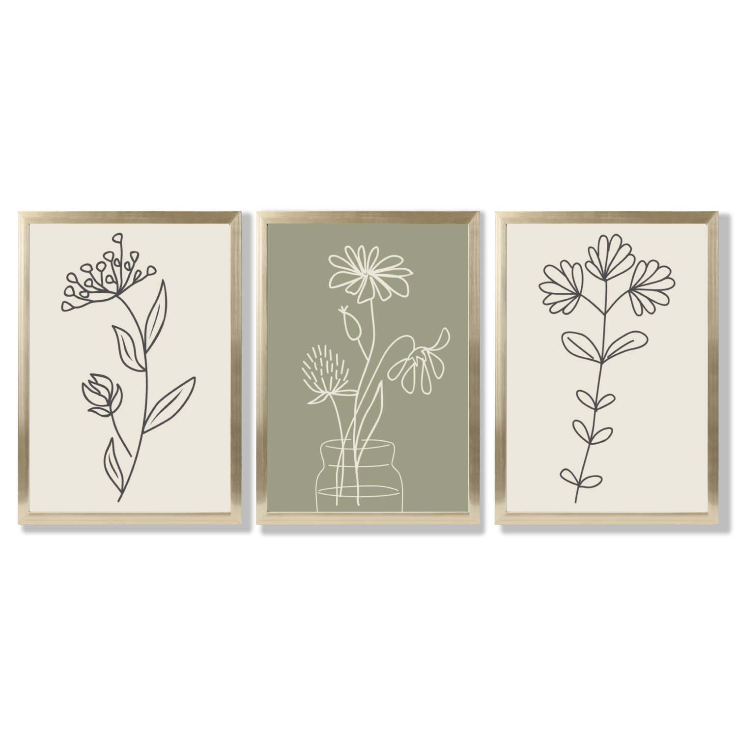 Set of 3 Green and Beige Minimal Floral Framed Art Prints with Gold Wood Frames