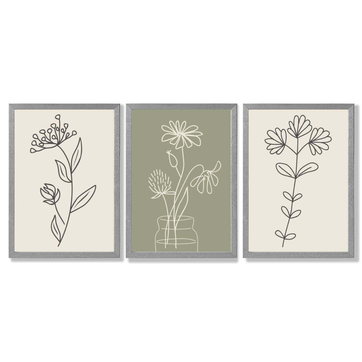 Set of 3 Green and Beige Minimal Floral Framed Art Prints with Light Grey Wooden Frames