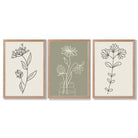 Set of 3 Green and Beige Minimal Floral Framed Art Prints with Light Oak Frames