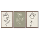 Set of 3 Green and Beige Minimal Floral Framed Art Prints with Light Walnut Frames