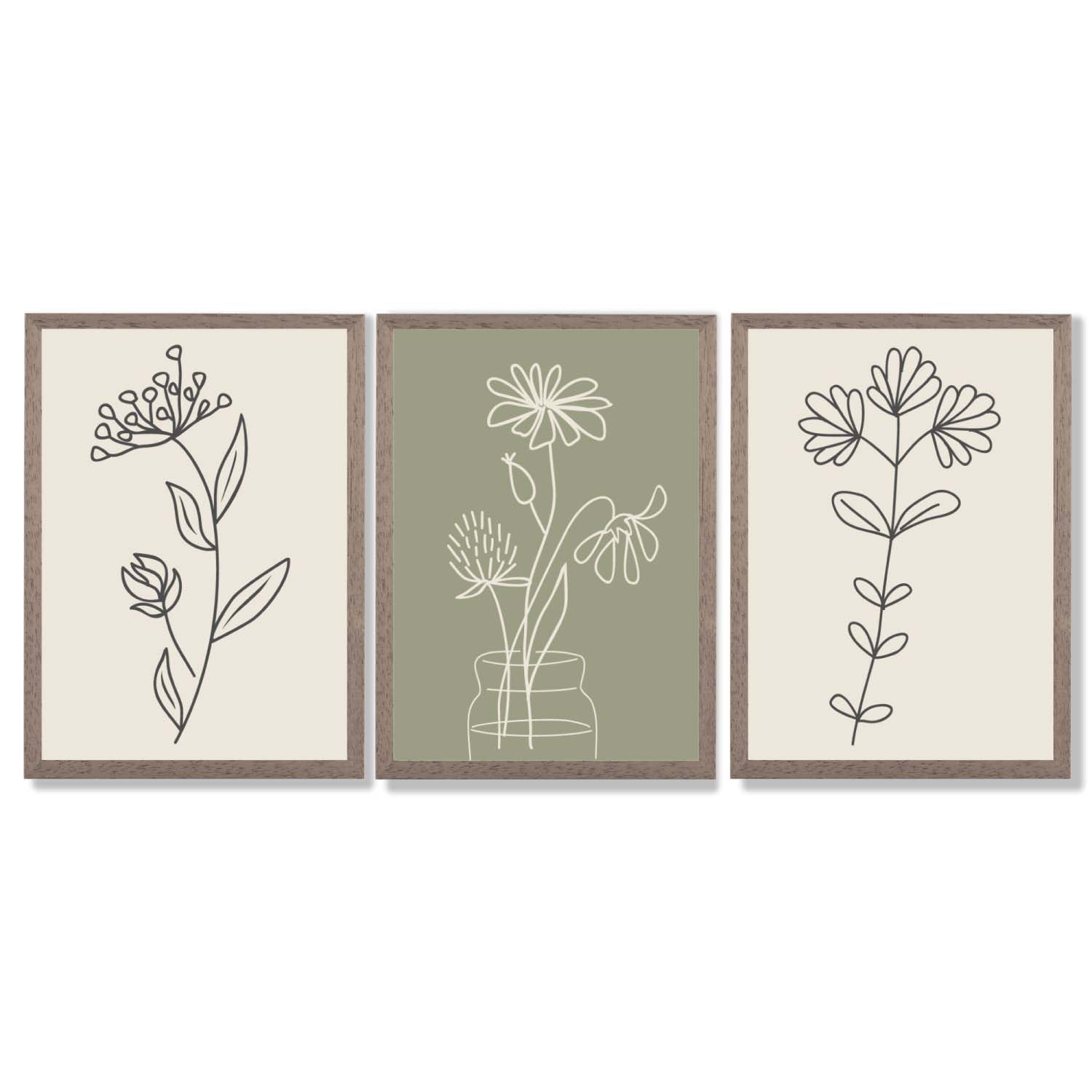 Set of 3 Green and Beige Minimal Floral Framed Art Prints with Light Walnut Frames