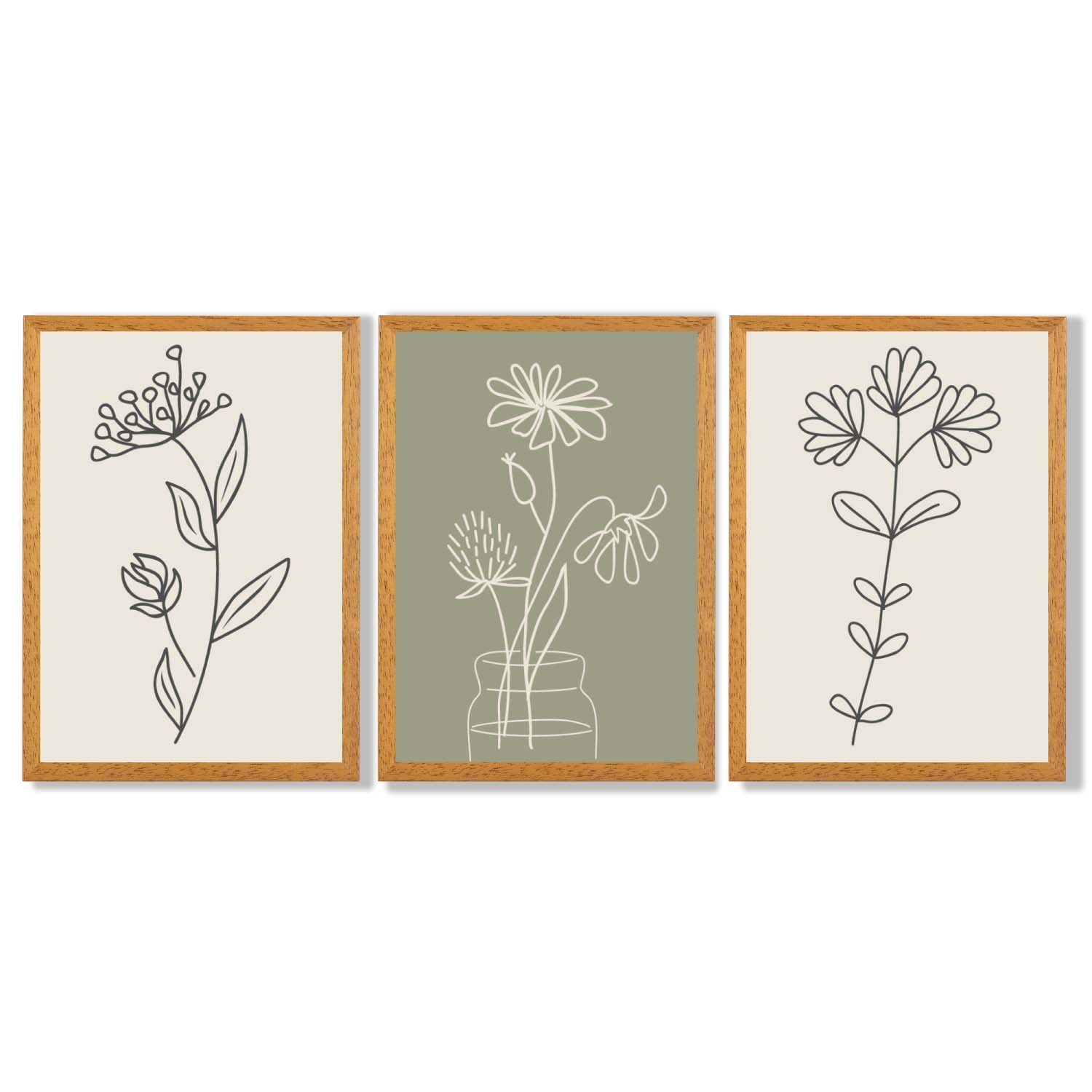 Set of 3 Green and Beige Minimal Floral Framed Art Prints with Oak Wooden Frames