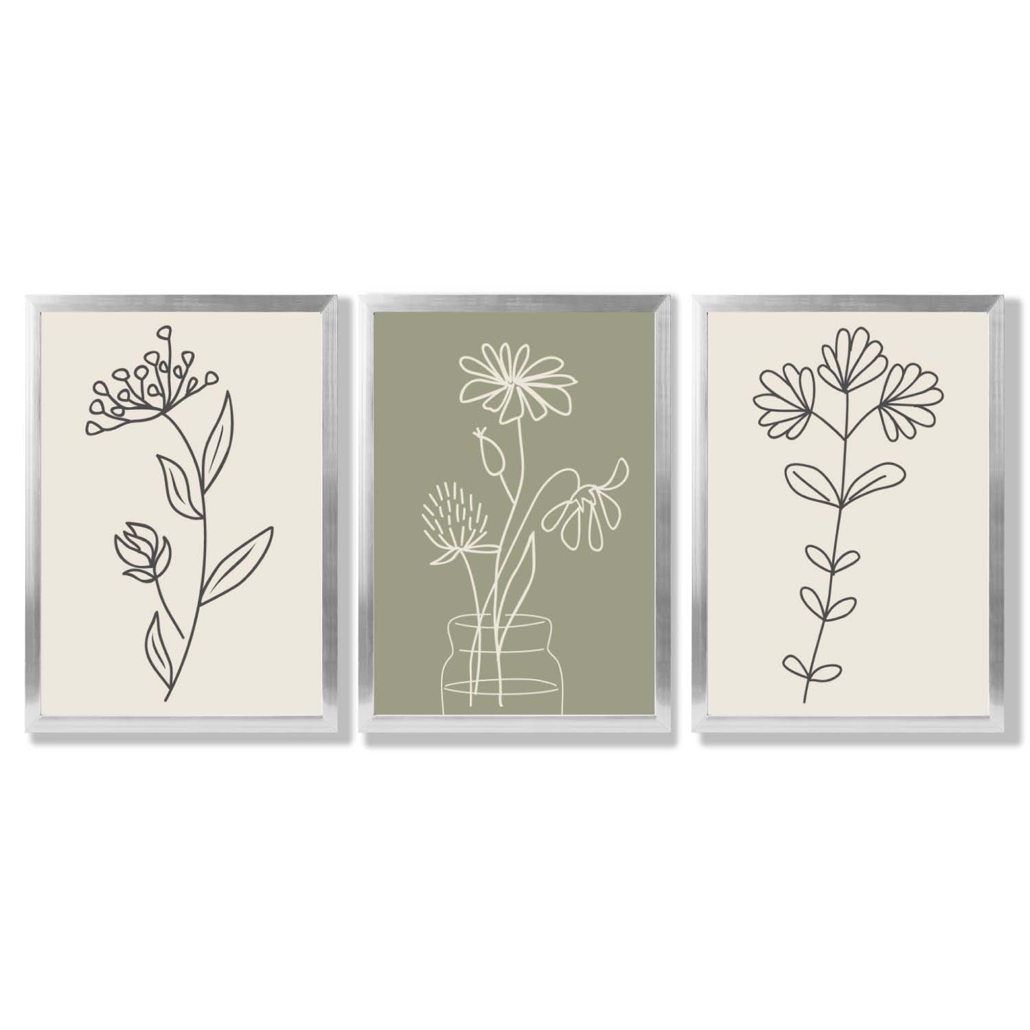 Set of 3 Green and Beige Minimal Floral Framed Art Prints with Silver Wood Frames