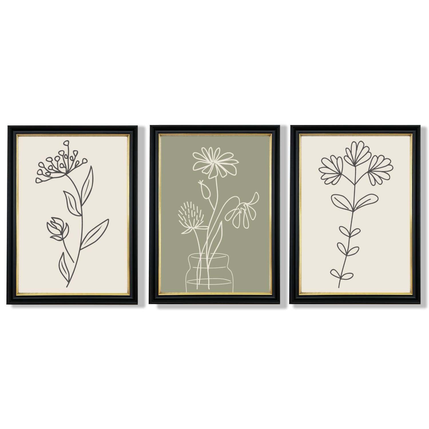 Set of 3 Green and Beige Minimal Floral Framed Art Prints with Vermeer Black and Gold Frames