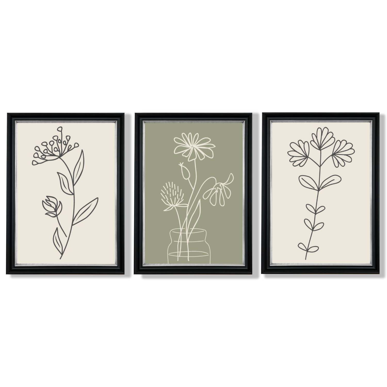 Set of 3 Green and Beige Minimal Floral Framed Art Prints with Vermeer Black and Silver Frames