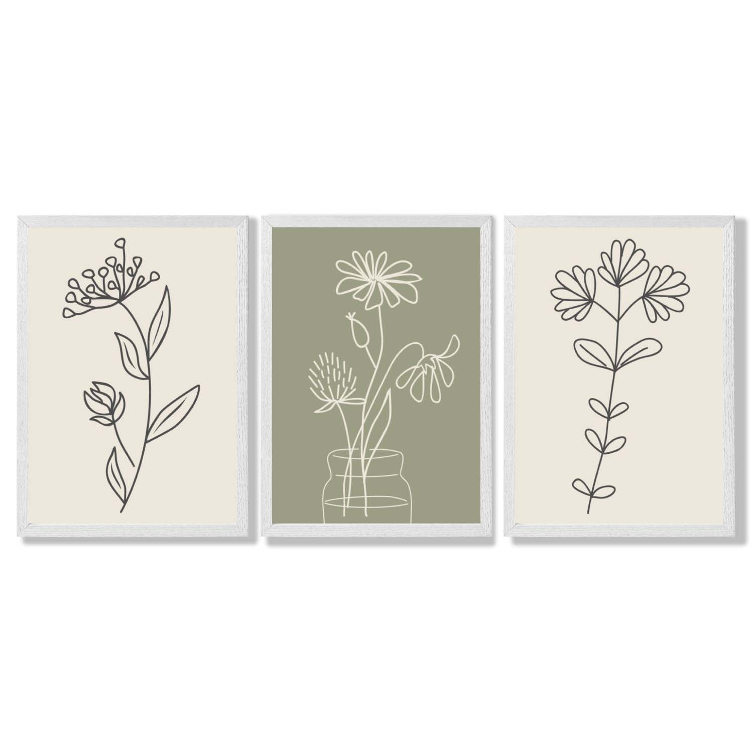 Set of 3 Green and Beige Minimal Floral Framed Art Prints with White Wooden Frames