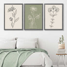 Set of 3 Green and Beige Minimal Floral Art Prints in Luxury Frames | Artze UK