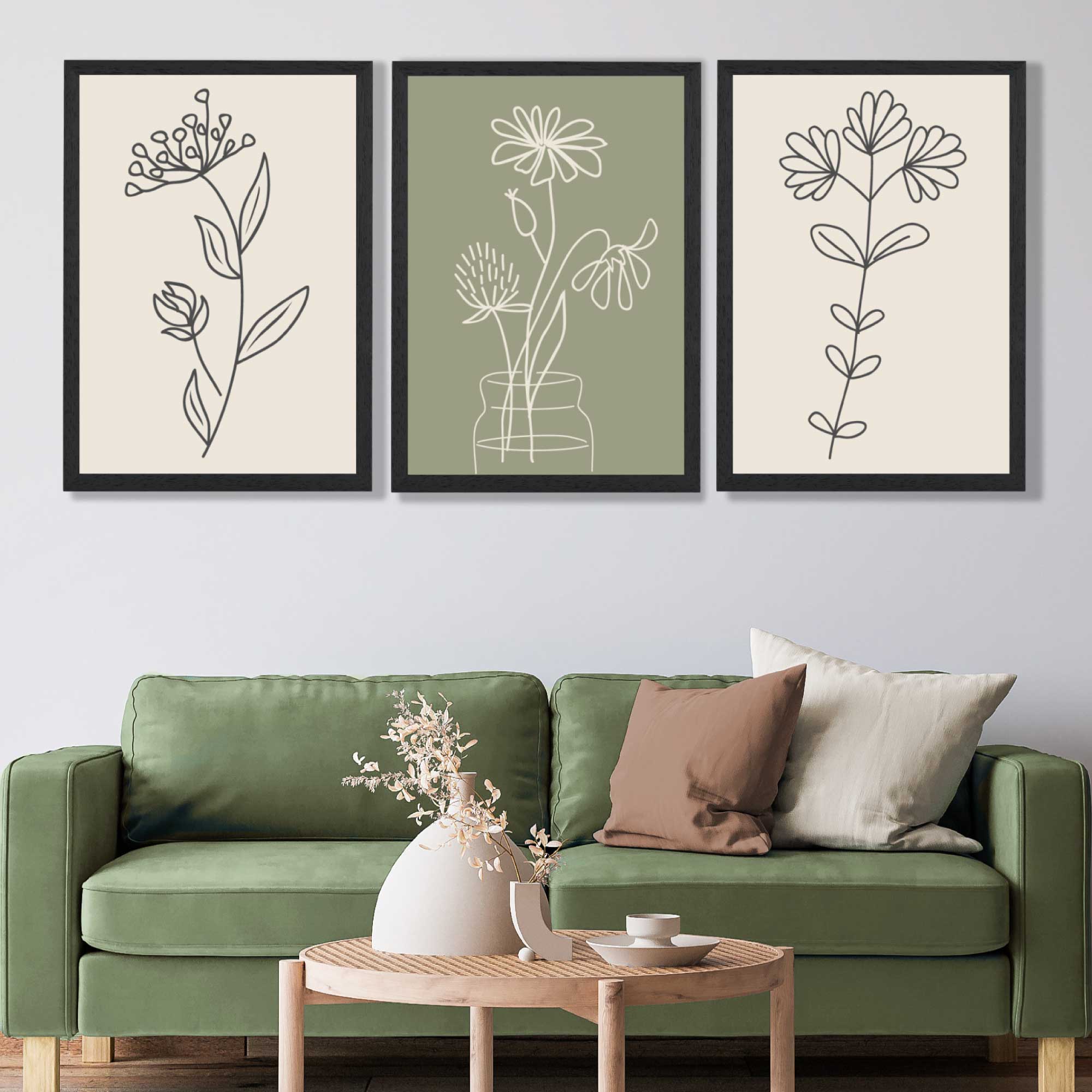 Set of 3 Green and Beige Minimal Floral Art Prints in Black Frames | Artze UK