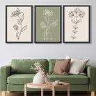 Set of 3 Green and Beige Minimal Floral Art Prints in Luxury Frames | Artze UK