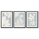 Set of 3 Blue Floral Modern Framed Art Prints with Black Wooden Frames