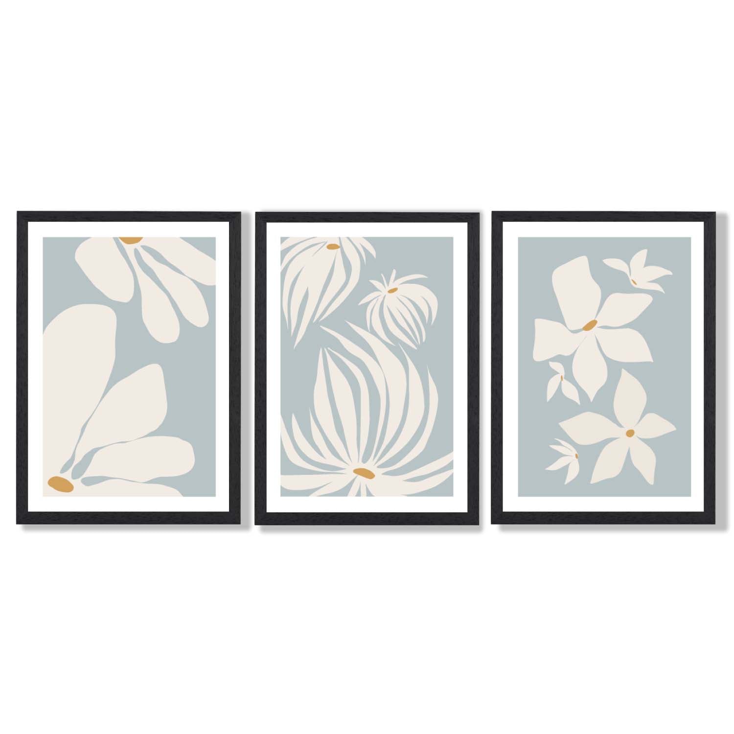 Set of 3 Blue Floral Modern Framed Art Prints with Black Wooden Frames