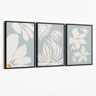 Set of 3 Blue Floral Modern Canvas Art Prints with Black Float Frame