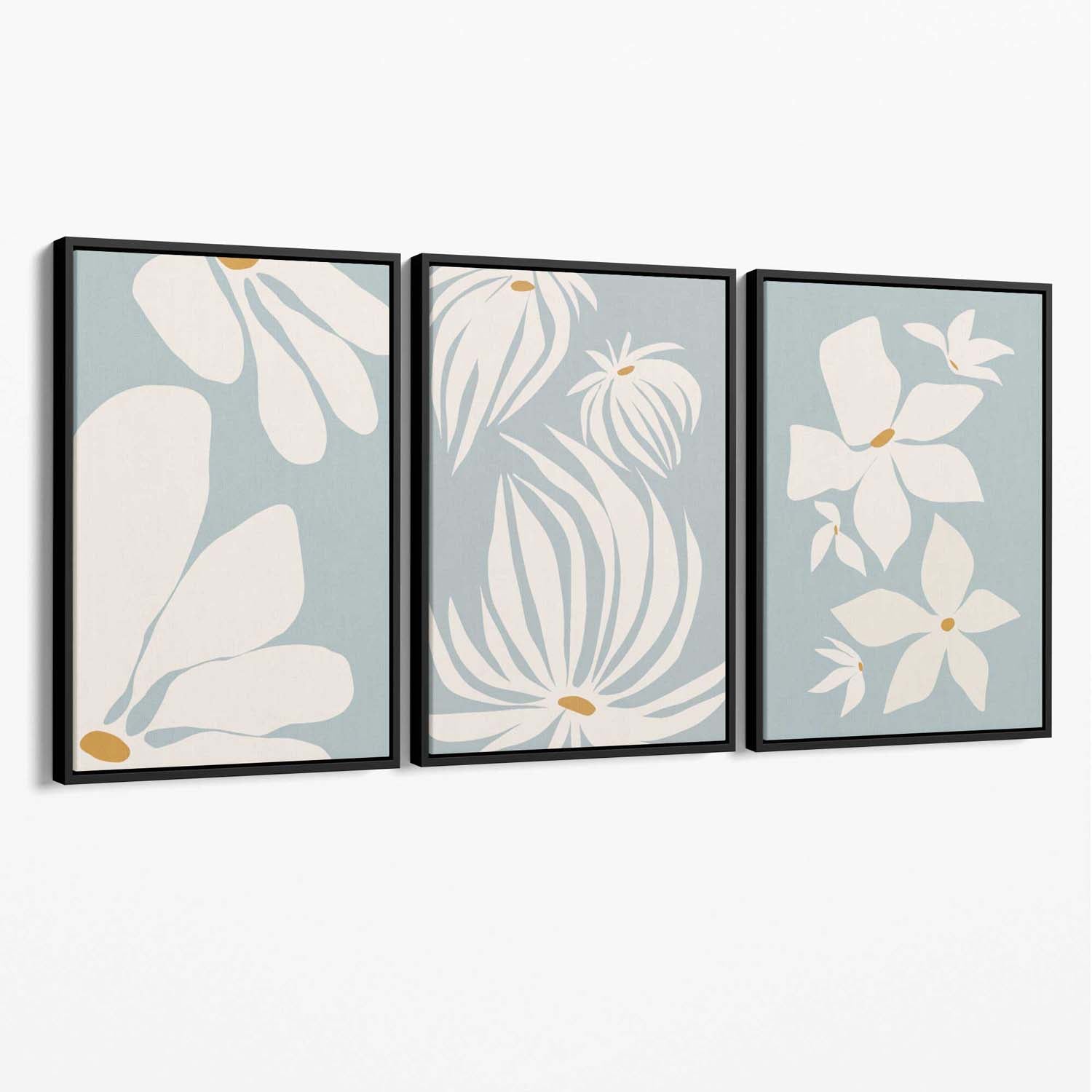 Set of 3 Blue Floral Modern Canvas Art Prints with Black Float Frame