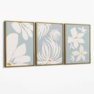 Set of 3 Blue Floral Modern Canvas Art Prints with Gold Float Frame