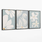 Set of 3 Blue Floral Modern Canvas Art Prints with Grey Float Frame