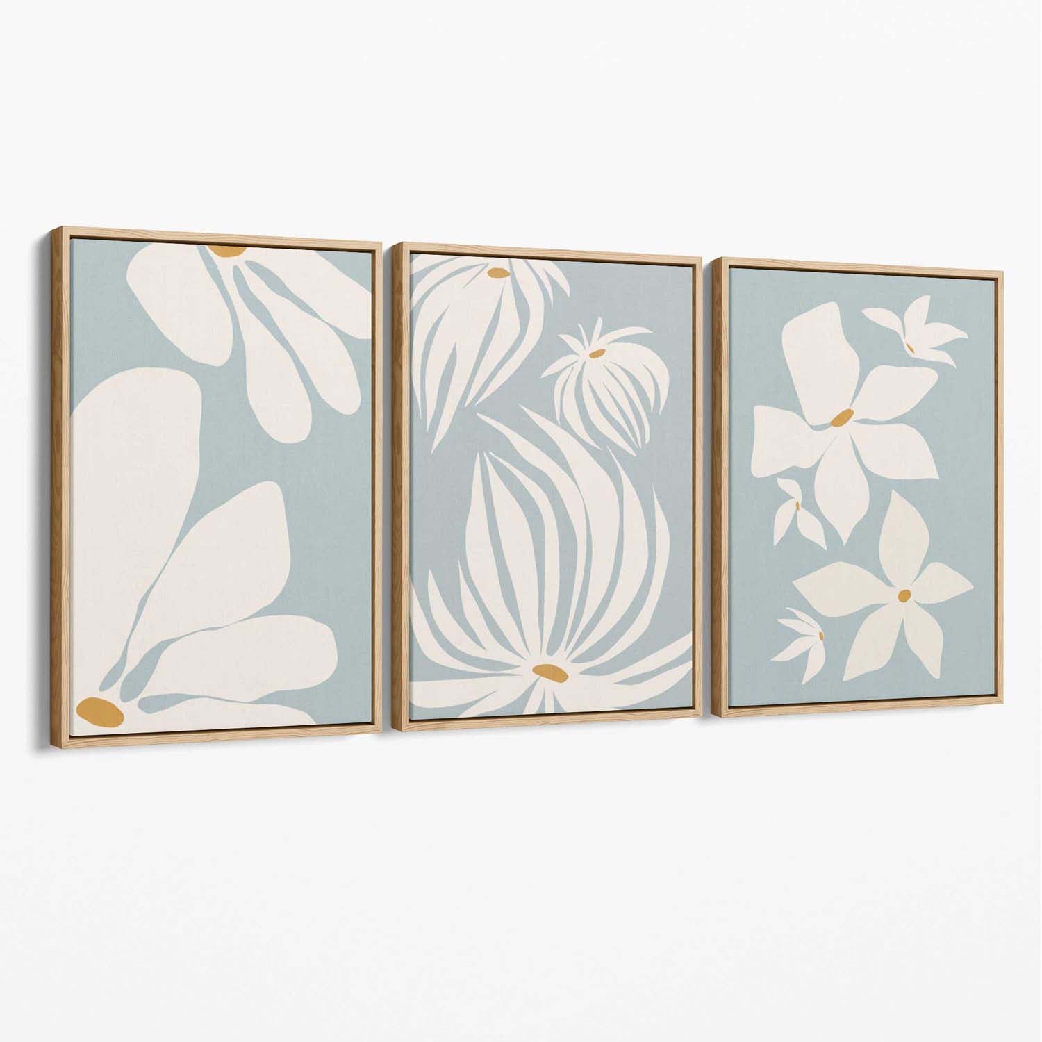 Set of 3 Blue Floral Modern Canvas Art Prints with Oak Float Frame