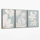 Set of 3 Blue Floral Modern Canvas Art Prints with Silver Float Frame