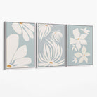 Set of 3 Blue Floral Modern Canvas Art Prints with White Float Frame