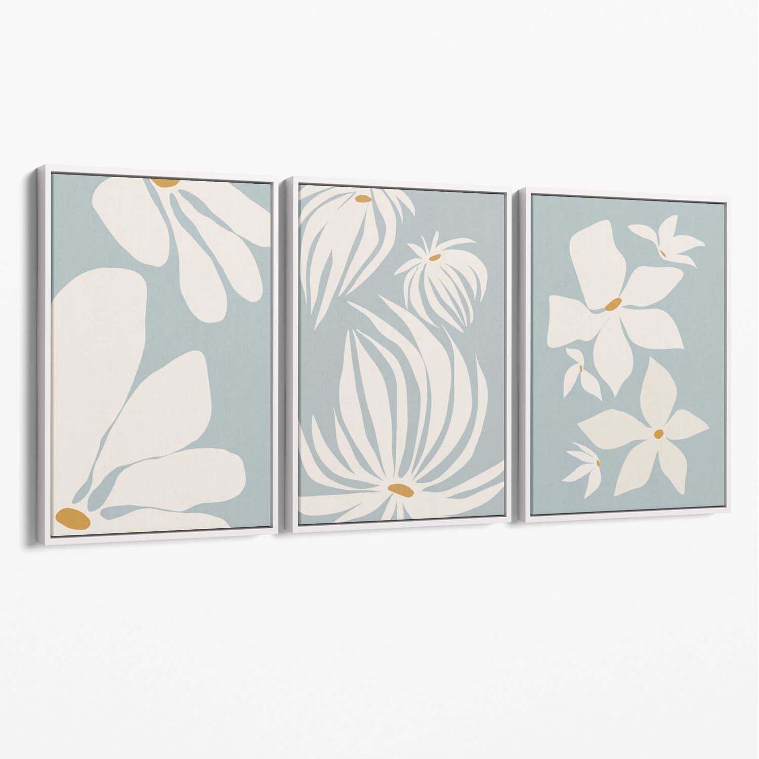 Set of 3 Blue Floral Modern Canvas Art Prints with White Float Frame