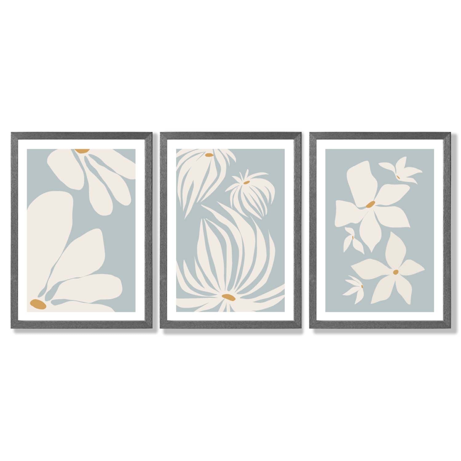 Set of 3 Blue Floral Modern Framed Art Prints with Dark Grey Wooden Frames