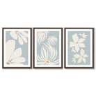 Set of 3 Blue Floral Modern Framed Art Prints with Dark Wood Frames