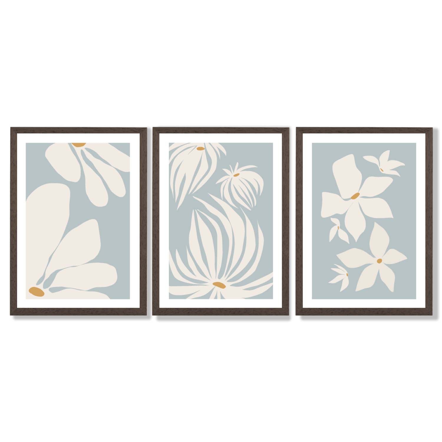 Set of 3 Blue Floral Modern Framed Art Prints with Dark Wood Frames