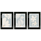 Set of 3 Blue Floral Modern Framed Art Prints with Glossy Black Frames