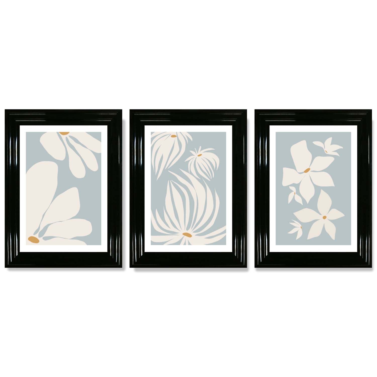 Set of 3 Blue Floral Modern Framed Art Prints with Glossy Black Frames