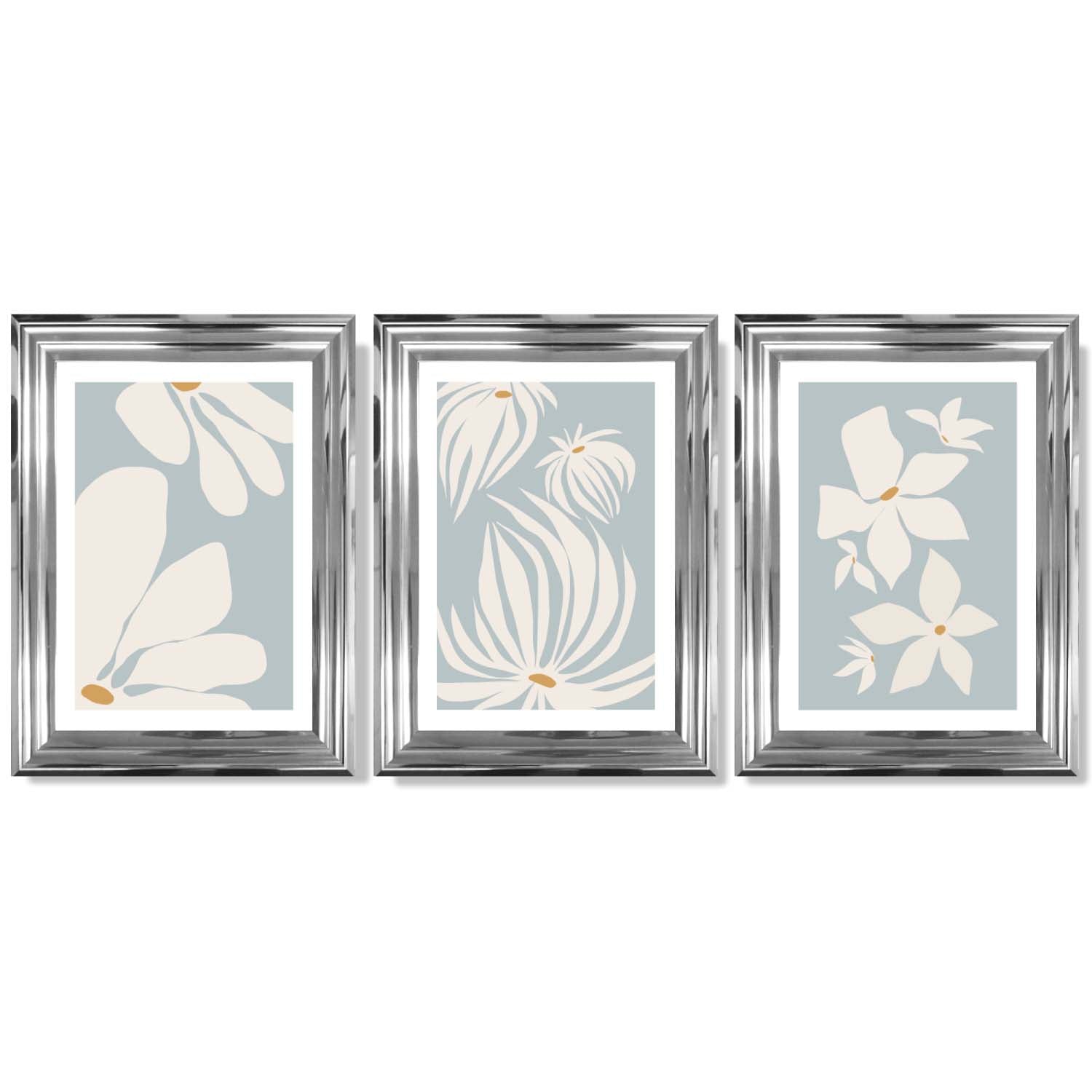 Set of 3 Blue Floral Modern Framed Art Prints with Glossy Chrome Frames