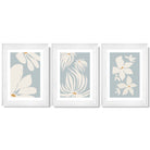 Set of 3 Blue Floral Modern Framed Art Prints with Glossy White Frames