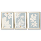 Set of 3 Blue Floral Modern Framed Art Prints with Gold Wood Frames