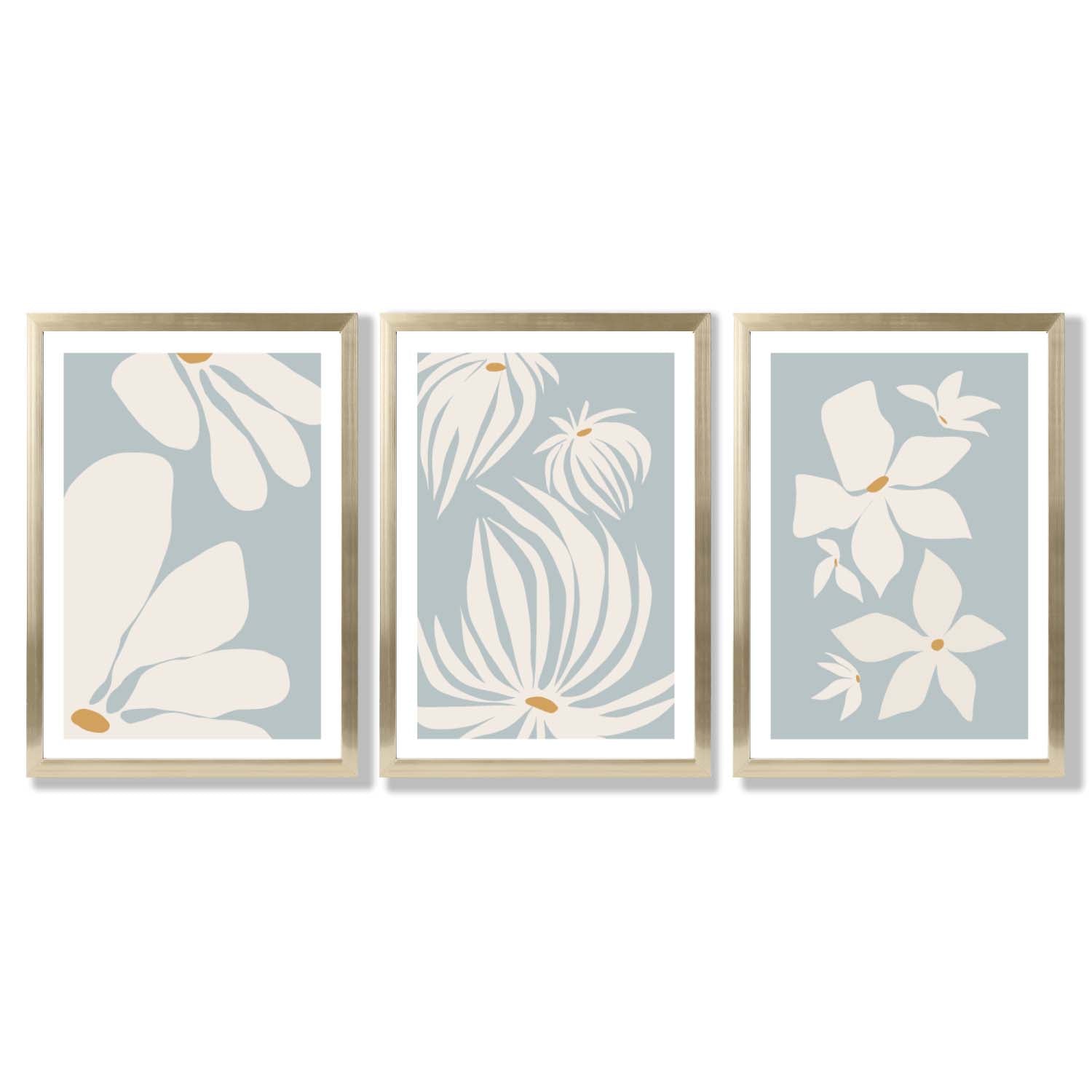 Set of 3 Blue Floral Modern Framed Art Prints with Gold Wood Frames