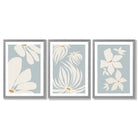 Set of 3 Blue Floral Modern Framed Art Prints with Light Grey Wooden Frames