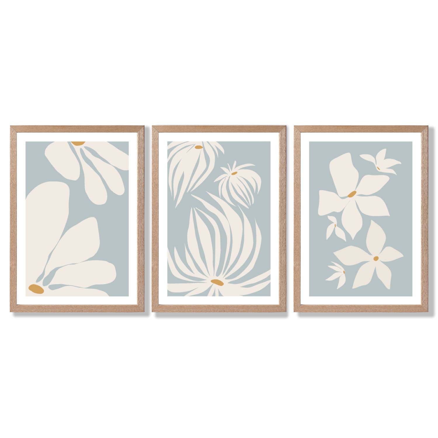 Set of 3 Blue Floral Modern Framed Art Prints with Light Oak Frames