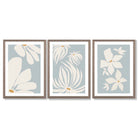 Set of 3 Blue Floral Modern Framed Art Prints with Light Walnut Frames