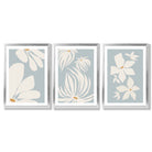 Set of 3 Blue Floral Modern Framed Art Prints with Silver Wood Frames