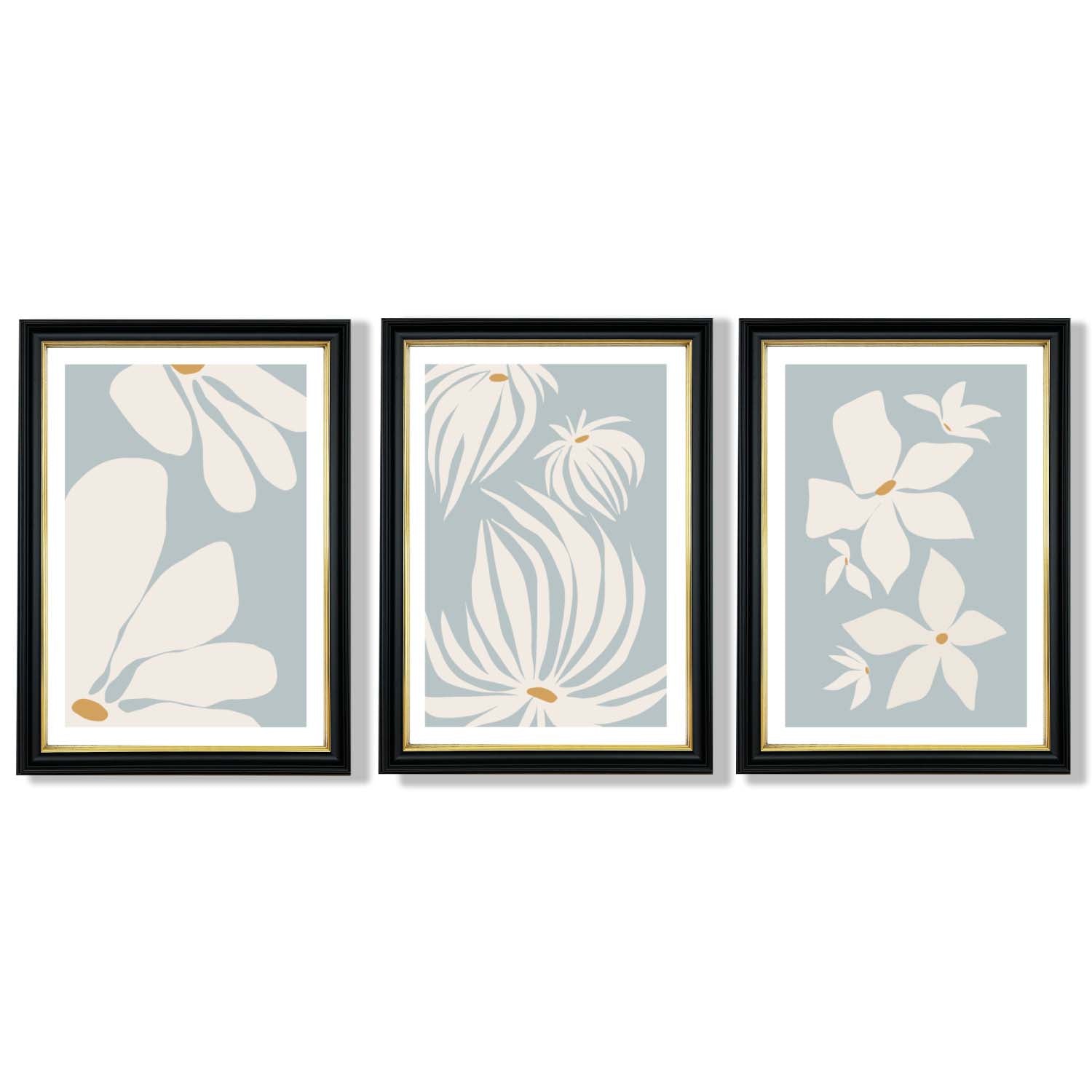 Set of 3 Blue Floral Modern Framed Art Prints with Vermeer Black and Gold Frames