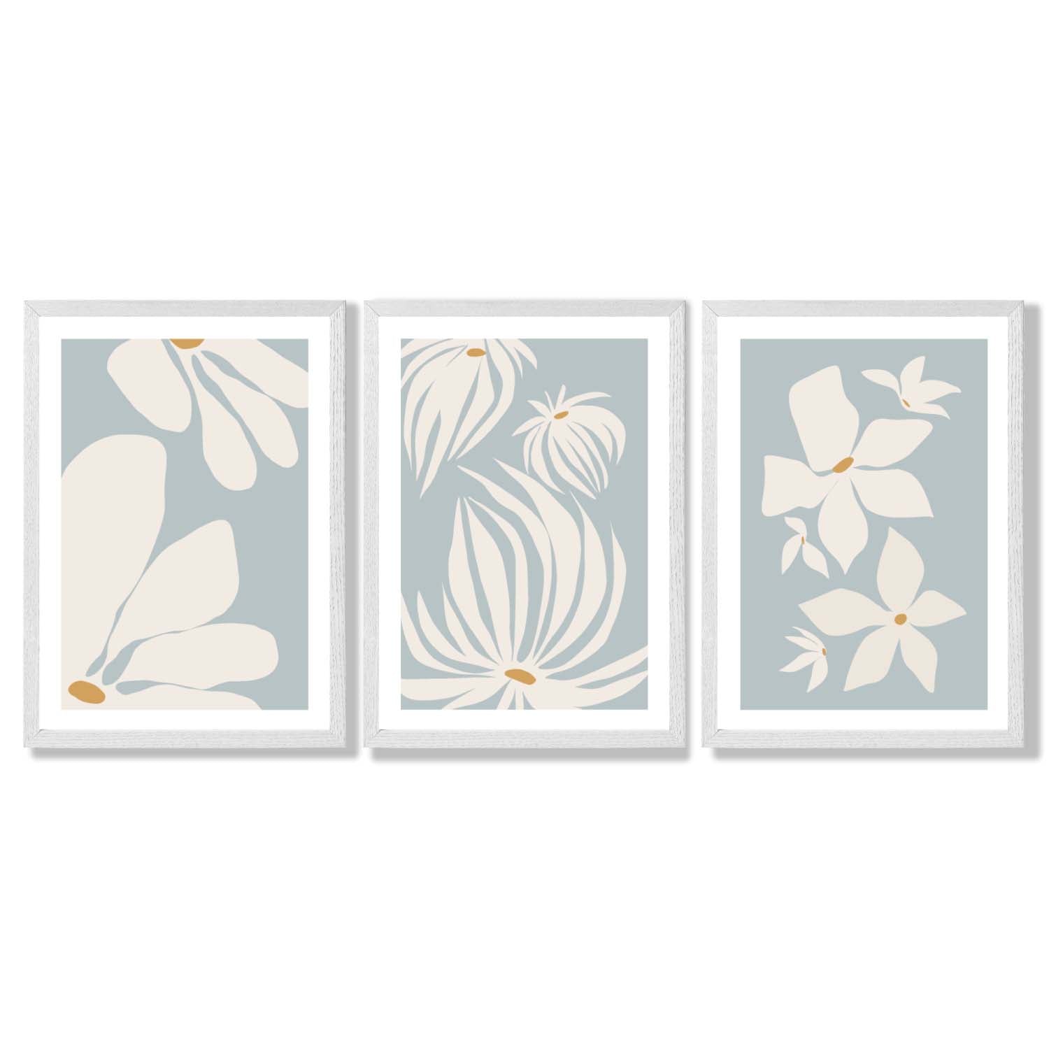 Set of 3 Blue Floral Modern Framed Art Prints with White Wooden Frames