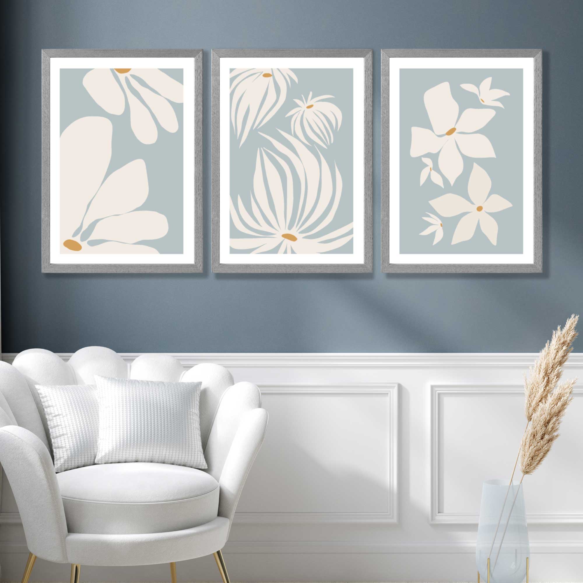 Set of 3 Blue Floral Modern Art Prints in Luxury Frames | Artze UK