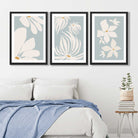 Set of 3 Blue Floral Modern Art Prints in Black Frames | Artze UK