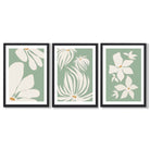 Set of 3 Green Floral Contemporary Framed Art Prints with Black Wooden Frames